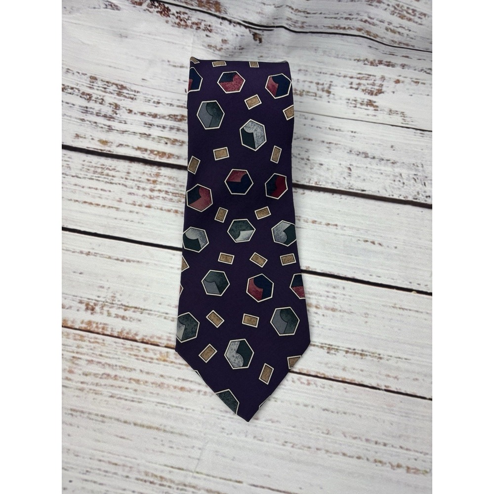 Christian Dior Monsieur Mens Purple Yellow Multicolor Geometric Pattern Silk Tie